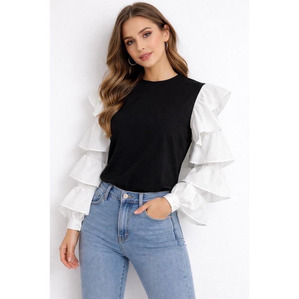 On Twelfth Black & White Ruffle Sleeve Blouse | Statement Tiered Sleeves Size M